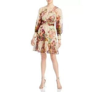Kobi Halperin Pauline Floral Metallic Clip Dot Long Sleeve Dress Ivory Multi Sz4